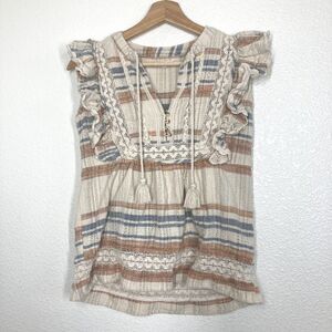 dRA Los Angeles Maisie Top Womens XS Boho Striped Ruffle Sleeve Lace Peasant
